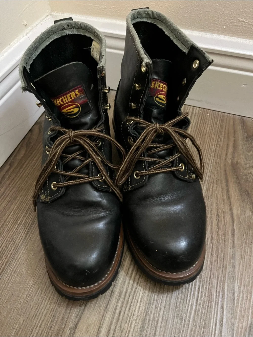 Vtg 90s Sketchers Black Leather Lace-Up Work Boots 10